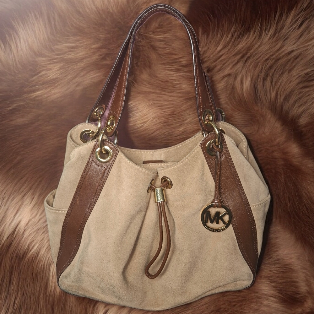 👜 Michael Kors Ludlow Suede Leather Beige Tan Brown Cinch Shoulder Bag Purse
